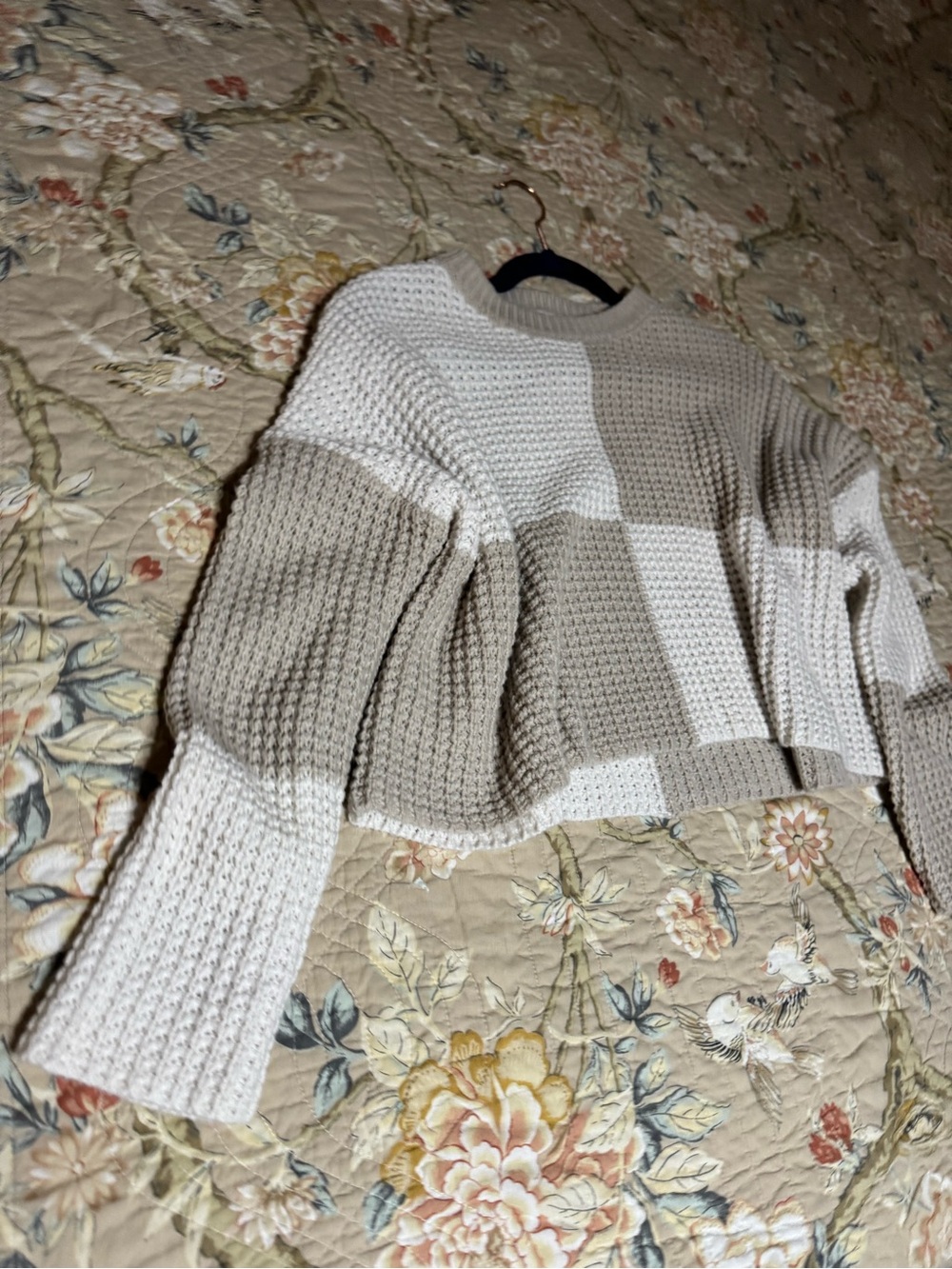 Jessica Simpson Cream and Tan Colorblock Waffle-Knit Sweater